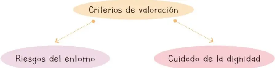 Diagrama de flujo con un óvalo central 'Criterios de valoración' que se ramifica en dos óvalos: 'Riesgos del entorno' y 'Cuidado de la dignidad', unidos por flechas punteadas.