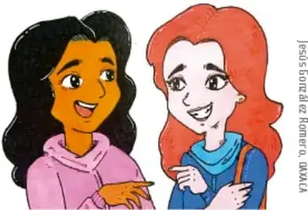 Ilustración de dos amigas conversando y sonriendo, representa el autocuidado social. Ilustración de Jesús González Romero, OAXACA.