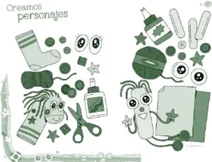 Miniatura del recurso 'Creamos personajes': ilustración de materiales para elaborar títeres — calcetines, botones, ojos móviles, estambre, lana, tijeras, plastilina, papel — junto con dos títeres terminados con caras expresivas.