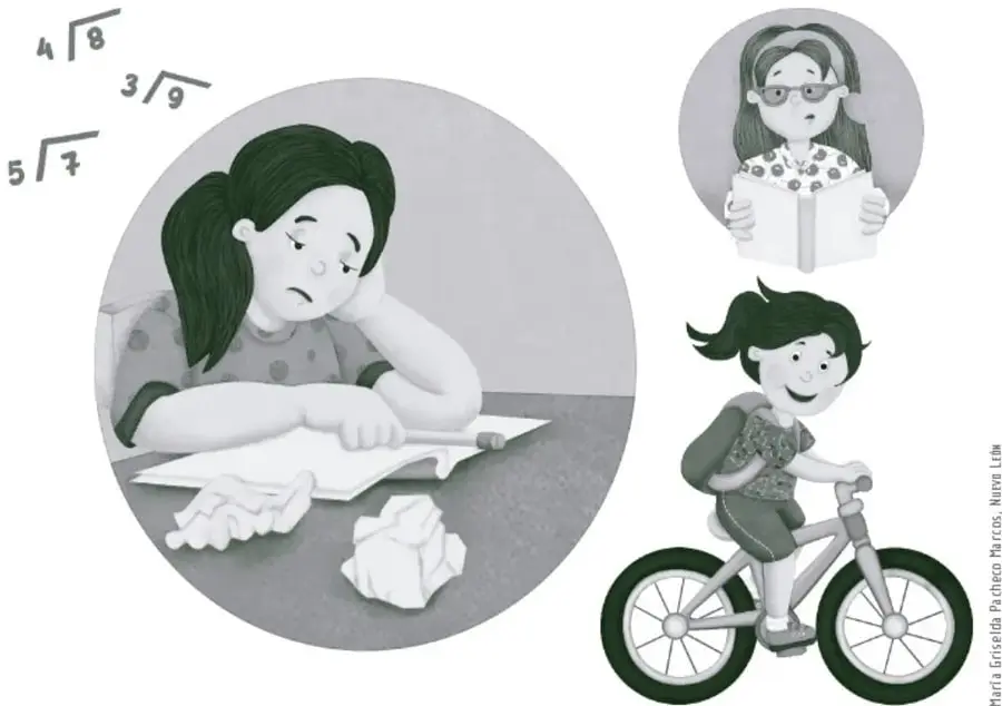 Ilustración de una niña pensativa con lápiz y papel, rodeada de operaciones matemáticas con raíces cuadradas (4√8, 3√9, 5√7).