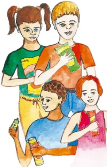 Ilustración de cuatro estudiantes sosteniendo envases y productos, representando la actividad de La tiendita.