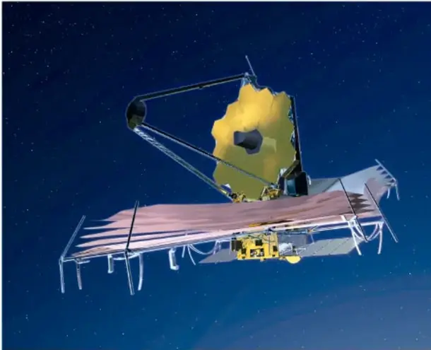 Ilustración de un telescopio espacial moderno (tipo James Webb) con espejo hexagonal dorado y paneles solares, sobre el fondo estrellado del espacio.