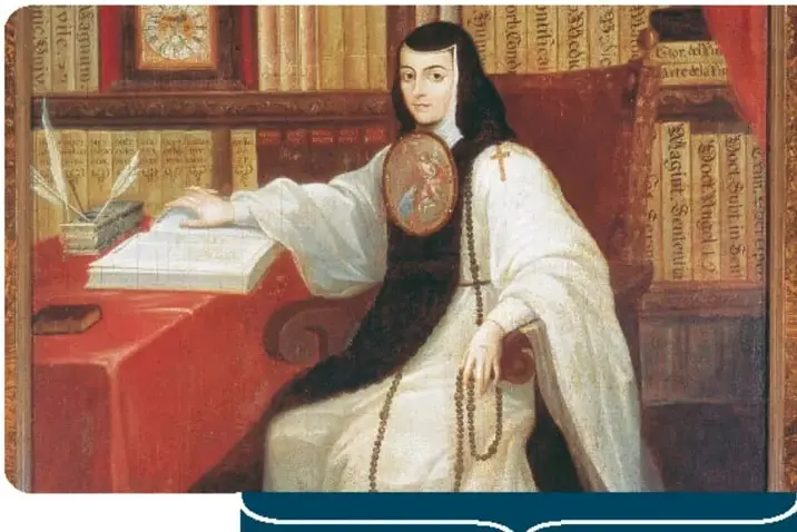 Retrato de Sor Juana Inés de la Cruz, escritora novohispana, sentada en su biblioteca con libros y pluma.