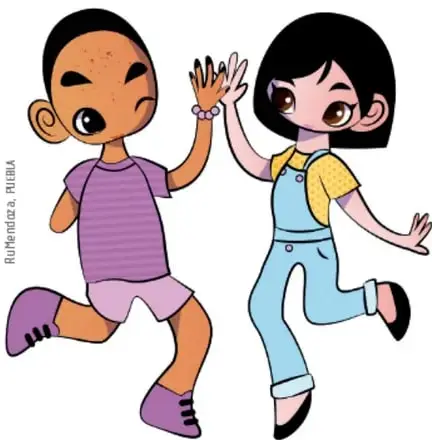Ilustración de dos niñas saludando con la mano y jugando, junto al texto sobre convivencia escolar positiva.