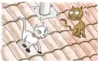 Ilustración de un gato blanco y un perro café sobre un tejado de tejas.