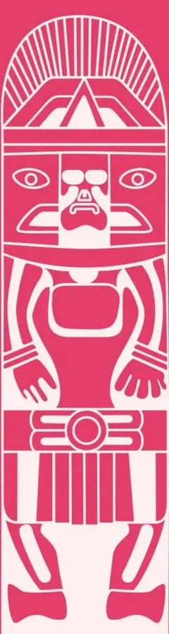 Ilustración estilizada en color rosa y blanco que representa una figura prehispánica o mesoamericana, con tocado radiado, rostro con rasgos marcados, brazos extendidos y un faldón con franjas verticales. Funciona como elemento decorativo de apertura del tema.
