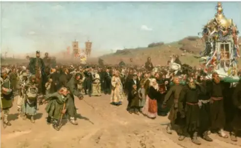 Pintura 'Procesión de Pascua en la región de Kursk' (1880-1883) de Illya Repin, óleo sobre tela, Galería Tretiakov: multitud de personas en una procesión religiosa popular.