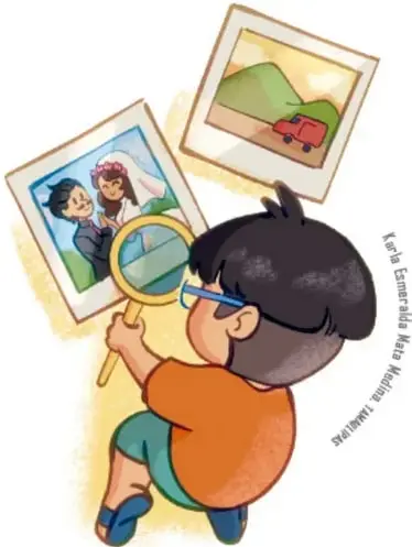 El niño con lentes mira con una lupa fotografías antiguas (una boda y un viaje en coche), ilustrando cómo busca su imagen en las fotos.