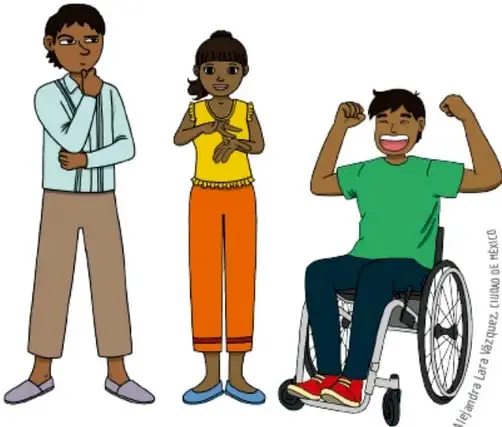 Ilustración de tres jóvenes (uno de pie con la mano en la barbilla en actitud de pensar, una joven con las manos juntas al pecho, y un joven en silla de ruedas levantando los brazos mostrando fuerza y alegría), representando diferentes gestos y posturas corporales que comunican emociones. Crédito: Alejandra Lara Náñez, Ciudad de México.