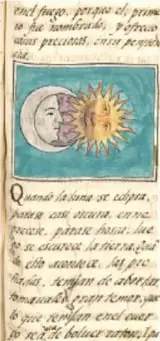 Reproducción de un códice náhuatl con glifos y texto en escritura náhuatl, acompañado de una ilustración del Sol y la Luna (ilustración del mito).