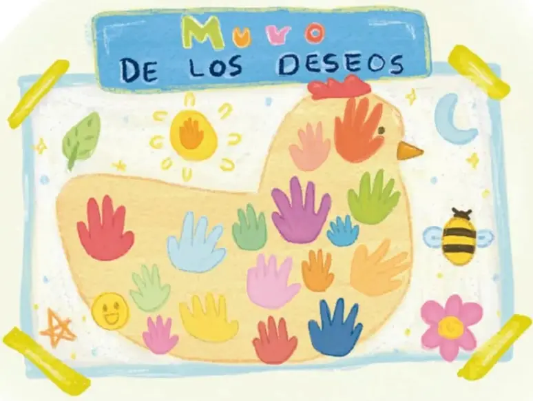 Ilustración infantil titulada 'Muro de los deseos': una gallina o ave formada por manos de papel de colores (rojo, azul, verde, morado, amarillo, naranja, rosa) sobre cartulinas unidas con cinta amarilla; alrededor hay un sol, una luna, estrellas, una flor rosa, una abeja y una hoja. Crédito: Vivian Lissette Esquivel Martínez, Estado de México.