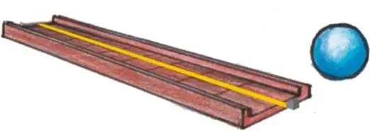 Tres ilustraciones de resbaladillas en miniatura: tabla apoyada en una silla con pelota roja arriba, tabla con mayor inclinación en silla y tabla larga acostada en el piso con apoyo de un bloque, mostrando distintas formas de acomodo.