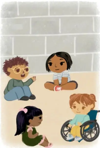 Ilustración de cuatro niños sentados conversando junto a una pared de ladrillos; uno de ellos usa silla de ruedas.