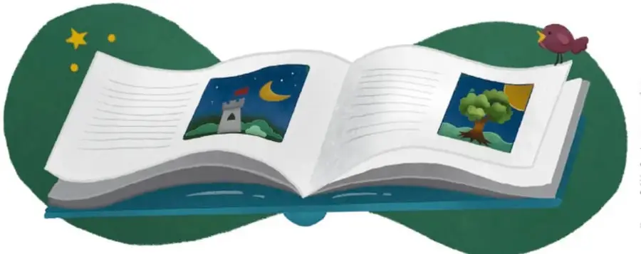 Ilustración de un libro abierto sobre una base verde, con una luna y un castillo en la página izquierda y un árbol en la derecha; un pájaro morado observa desde el borde.