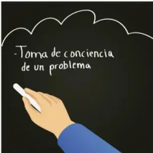 Ilustración de una mano escribiendo en un pizarrón la frase «Toma de conciencia de un problema».