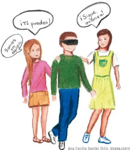Ilustración de tres estudiantes: una niña con globo de diálogo '¡Tú puedes!', un niño con los ojos vendados y globo '¡Sigue, avanza!' y otra niña con globo 'Somos equipo'. Representan apoyo y trabajo en equipo.