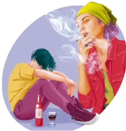 Vaso con bebida roja, copa de vino y cenicero con cigarrillos, bajo el título 'Características de las sustancias psicoactivas'.
