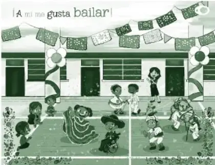 Miniatura del recurso '¡A mí me gusta bailar!': fiesta al aire libre con papel picado y flores; parejas de danzantes con trajes tradicionales, incluida una pareja de niños con máscaras de ancianos y un niño vestido de venado, mientras otras personas observan.