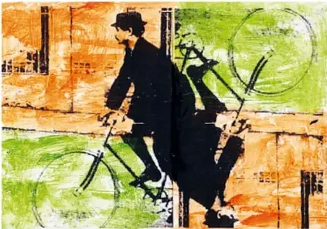 Ilustración de un hombre en bicicleta con fondo urbano, titulada *"Rey Ubu" en un velocípedo* de Pedro Meier y Alfred Jarry.