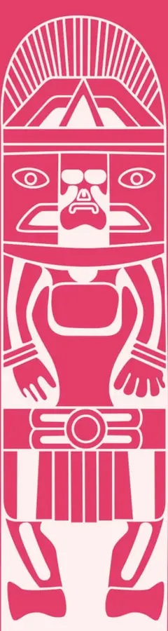 Ilustración estilizada en rosa y blanco de una figura prehispánica o tótem, con rostro, brazos, cinturón y piernas, que ocupa el costado izquierdo de la página.