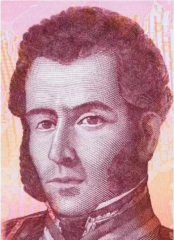 Retrato del general Antonio José de Sucre. El pie de imagen destaca su audacia, su valor y sus estrategias territoriales para rodear Quito y evitar un enfrentamiento directo con las tropas realistas.