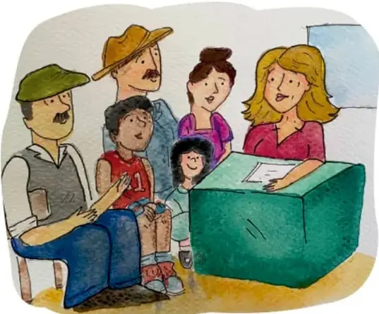 Ilustración a color de una asamblea comunitaria: vecinos sentados frente a una mesa con un sobre/urna verde donde una mujer deposita un documento; crédito a Mariana Haide Calderón Cifuentes, Ciudad de México.
