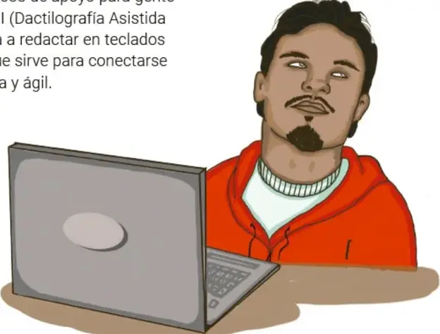 Ilustración de Manuel Eduardo Cortez Vallejo, joven con barba y cabello oscuro, usando una sudadera roja con capucha, frente a una laptop abierta.