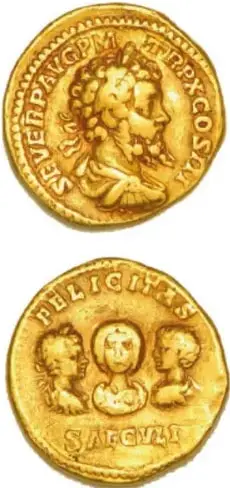 Moneda romana de oro con tres bustos y la inscripción 'FELICITAS SAECVLI'.