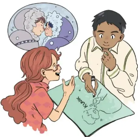 Ilustración de dos estudiantes, una niña con cabello rojizo y un niño, observando un mapa; en una burbuja de pensamiento aparecen dos personas mayores abrazándose. Crédito: Laura Ángeles Fernández, Ciudad de México.