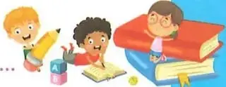 Ilustración de estudiantes trabajando con lápices, bloques y libros.