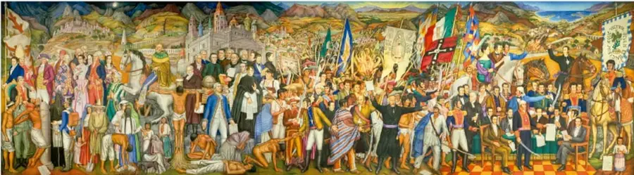 Mural 'Retablo de la Independencia' de Juan O'Gorman, que muestra una multitud de personajes históricos y anónimos en un paisaje montañoso, con vestimentas diversas y actitudes que reflejan la lucha por la Independencia de México.