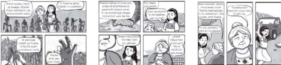 Secuencia de viñetas de historietas en las que personas de pueblos indígenas dialogan, escritas en lengua indígena y español, ilustrando la interacción lingüística.