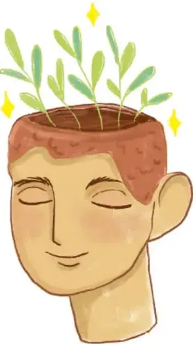 Ilustración de un rostro humano sereno con plantas brotando de la cabeza, simbolizando el bienestar mental y emocional.