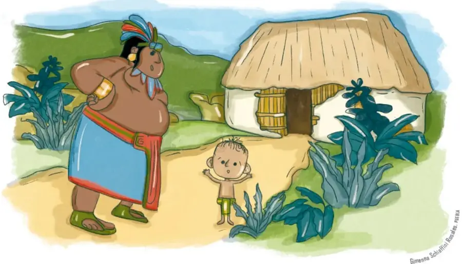 El señor de Uxmal, con tocado de plumas y faja roja, de pie con el brazo en la cadera frente al pequeño enano, sobre un camino amarillo; al fondo, una casa maya de muros blancos y techo de palma con plantas verdes alrededor.