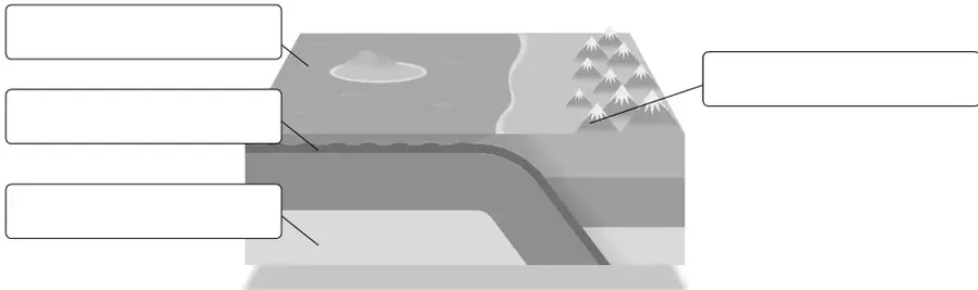 Corte transversal del borde costero de Chile: a la izquierda el mar y la corteza oceánica que se hunde; al centro el manto o placa tectónica; a la derecha el continente con la cordillera nevada sobre la corteza continental.
