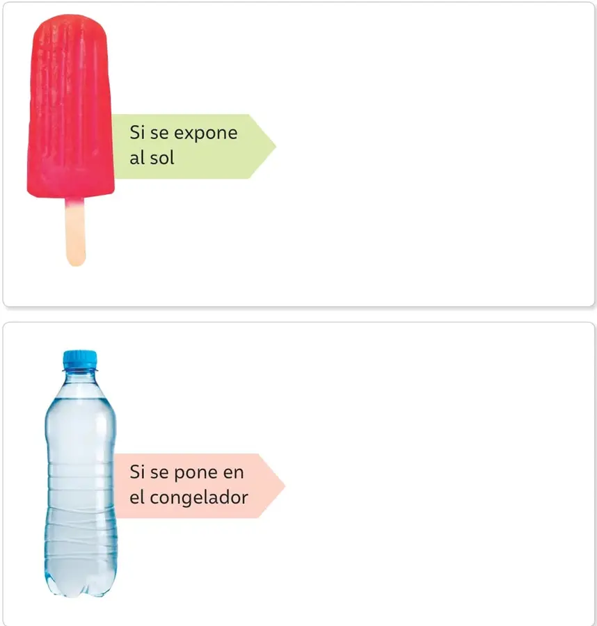 Paleta de agua de color rojo con palito de madera, junto a una etiqueta verde que dice 'Si se expone al sol'. El espacio en blanco a la derecha es para dibujar.