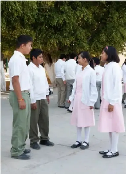 Fotografía de alumnos de telesecundaria con uniforme (camisa blanca y pantalón o falda rosa) conversando en el patio de la escuela; crédito: Francisco Manuel Palma Lagunas, Ciudad de México.