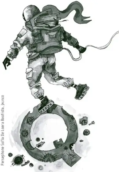 Ilustración en blanco y negro de un astronauta caminando sobre un planeta anillado, con la Tierra y objetos flotando alrededor; al lado, texto vertical: 'Perséphone, Solía de Laure Baudis, Justo'.