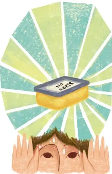 Ilustración de una cajita amarilla con nota 'No abrir' sobre un fondo de rayos en tonos verdes, y debajo un rostro que se tapa los ojos con las manos sudando. Crédito: Sarah Esther Legorreta Medina, COLMNA.