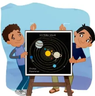 Ilustración de dos niños sosteniendo un cartel con el sistema solar y la Tierra.