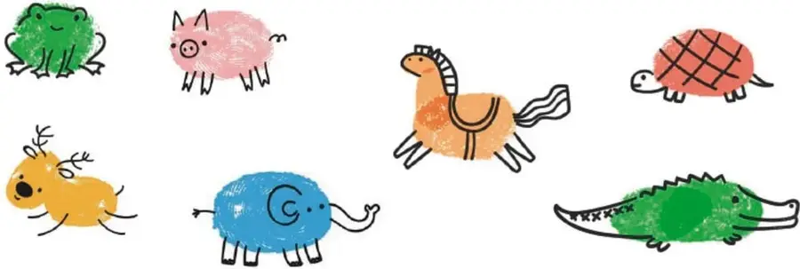 Once animales dibujados con huellas o sellos de dedo en colores: abeja, panda, hoja, erizo, rana, cerdo, caballo, tortuga, zorro, elefante y cocodrilo; muestran la técnica de 'Huellas con arte'.