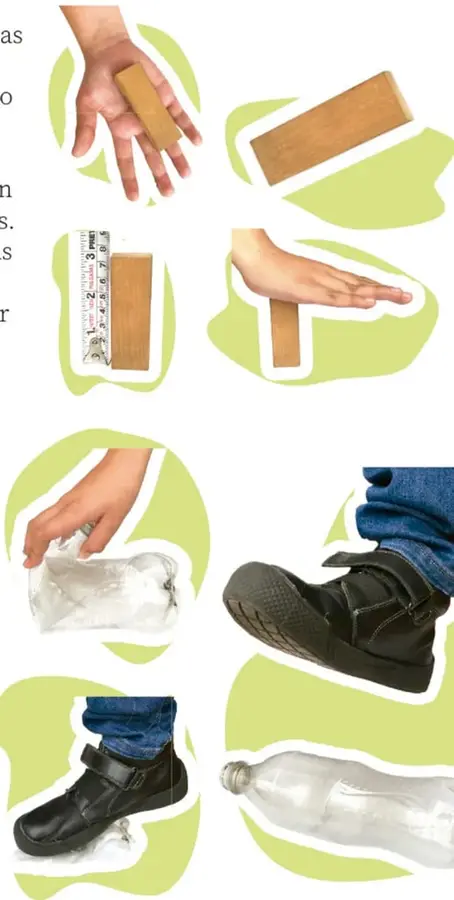 Manos intentando aplastar una figura rectangular de madera; la figura se mide con una regla y se intenta aplastar con la palma de la mano.