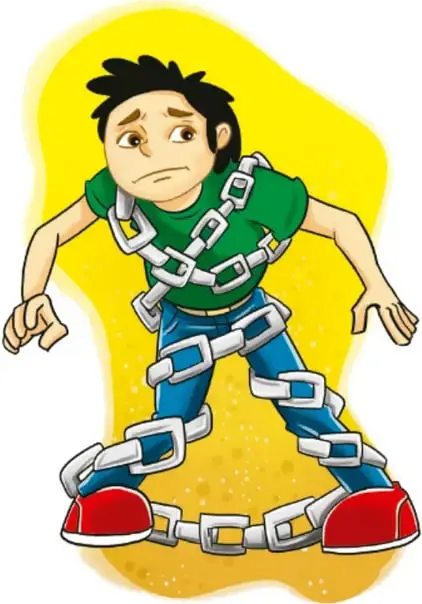 Niño con cadenas en las piernas y al cuello, ilustrando el chiste final del narrador.
