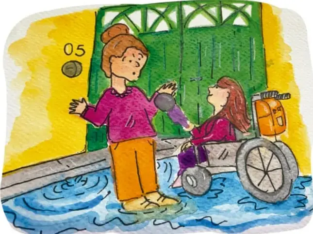 Ilustración: dos niñas frente a la puerta de una casa (número 05) con encharcamiento de agua en el piso; una de ellas usa silla de ruedas. Simboliza un conflicto de servicios básicos (fuga o drenaje) en la comunidad.