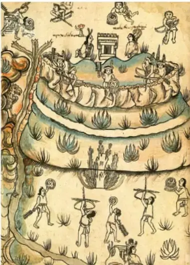 Códice o lienzo pictográfico de estilo colonial temprano: personas con arcos y flechas alrededor de una comunidad con magueyes y una estructura de tekpan o plaza, escena de conflicto entre grupos indígenas del norte.