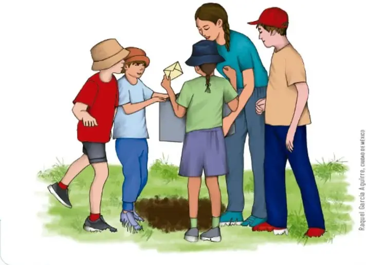 Ilustración de cinco estudiantes y una maestra alrededor de un hoyo en la tierra; uno sostiene un sobre y otro una caja, listos para enterrar la cápsula del tiempo.