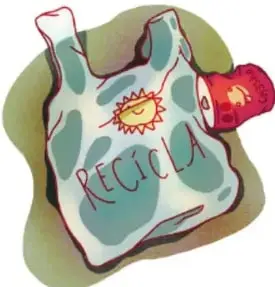 Ilustración de un contenedor de basura desbordado sobre una acumulación de bolsas y residuos en la calle.