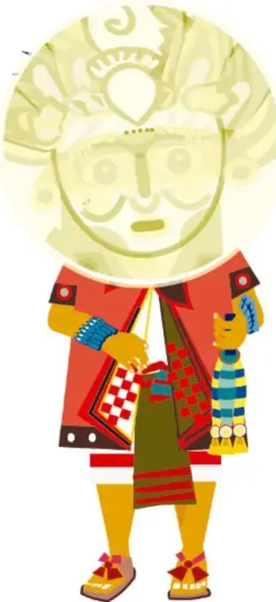 Figura de dios (Tecciztécatl) con cabeza dentro de un círculo luminoso pálido, atuendo rojo y sandalias: la luna recién nacida.