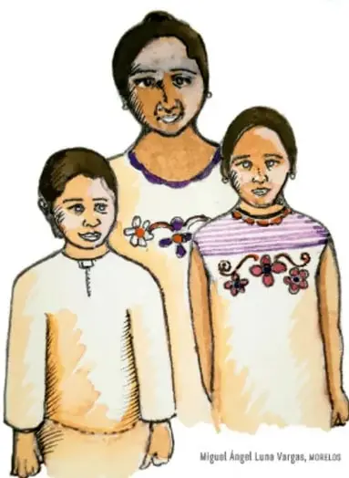 Ilustración de una madre con dos hijos, uno de ellos con una flor en la camisa, que representa a una familia.