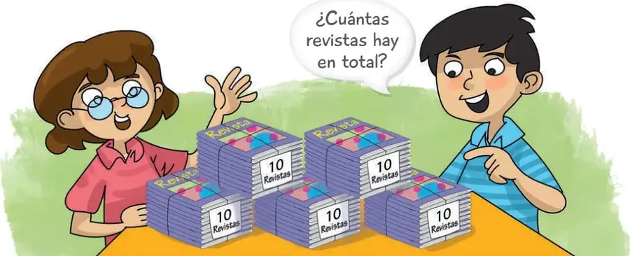 Ilustración de Daniela y Claudio junto a una mesa con pilas de la revista escolar; Claudio pregunta «¿Cuántas revistas hay en total?».